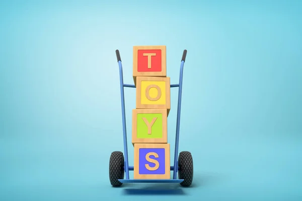 3D rendering van kleurrijke alfabet Toy blocks tonen speelgoed teken op een hand truck op blauwe achtergrond — Stockfoto