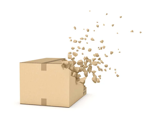 3d representación de caja de cartón rompiendo en pedazos pequeños aislados sobre fondo blanco — Foto de Stock