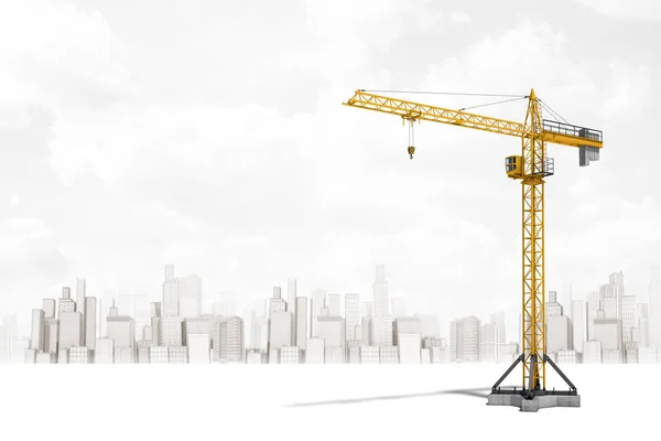 3d rendering of construction crane on white city skyscrapers background