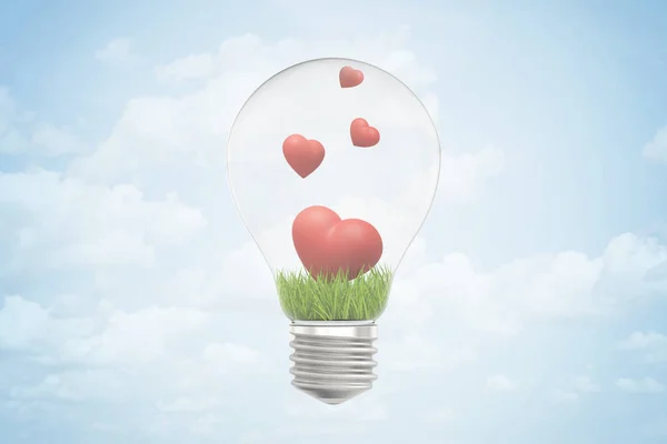 3D крупным планом рендеринг лампочки и зеленой травы и четыре милые красные сердца внутри него, против голубого неба с облаками . — стоковое фото