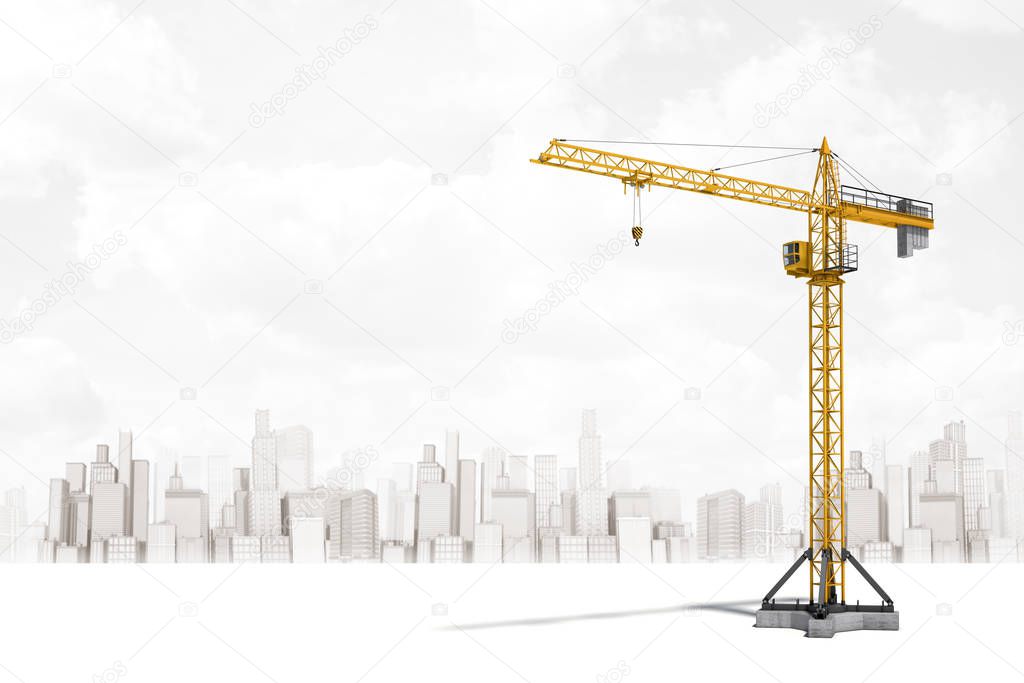 3d rendering of construction crane on white city skyscrapers background