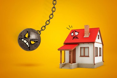 Kötü karikatür yüz ile metal zincirli top 3d render kırmızı çatı ve sarı arka plan üzerinde korkmuş karikatür yüzü ile beyaz saray kırmak için gidiyor