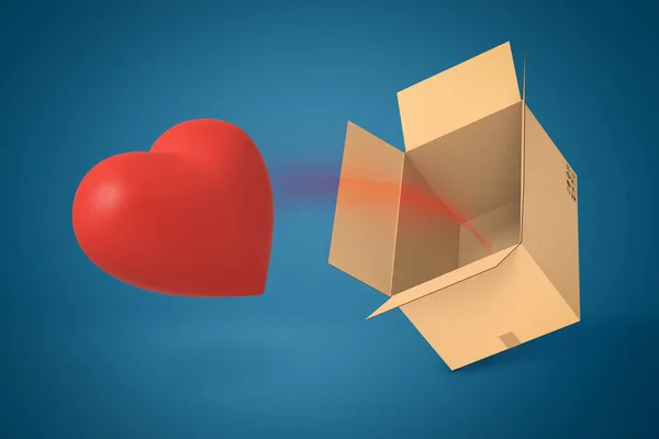 3d renderização de vermelho Valentim coração voando para fora de caixa de papelão marrom no fundo azul . — Fotografia de Stock