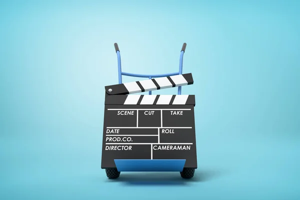 3d rendering of a movie clapper on a hand truck on blue background