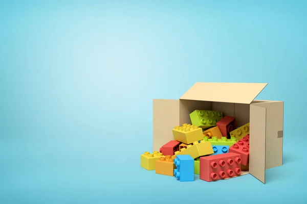 3d representación de la caja de cartón acostado lateral lleno de coloridos ladrillos de juguete sobre fondo azul . — Foto de Stock