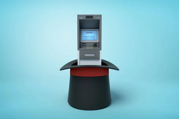 3D renderização de ATM de pé em chapéu superior preto que está de cabeça para baixo no fundo azul claro . — Fotografia de Stock