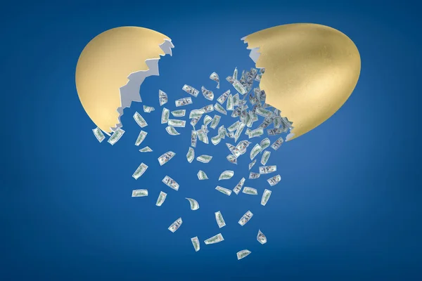 3D-Darstellung von Geld Dollar fallen aus gebrochenem goldenem Ei auf blauem Hintergrund — Stockfoto