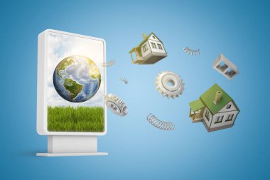 Toprak küre, evler ve dişli tekerlekler mavi arka plan üzerinde uçan küçük billboard 3d render