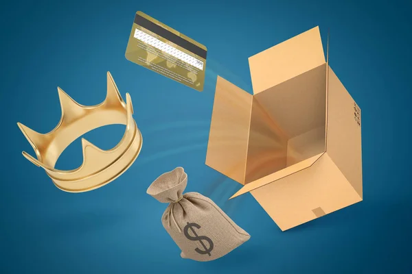 3d rendering of gold crown, credit card, canvas money bag and empty brown cardboard box on blue gradient background.