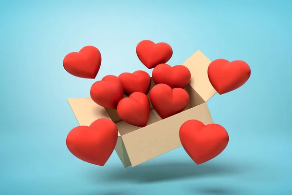 3d representación de la caja de cartón en el aire lleno de lindos corazones rojos que están volando hacia fuera y flotando fuera sobre fondo azul . — Foto de Stock