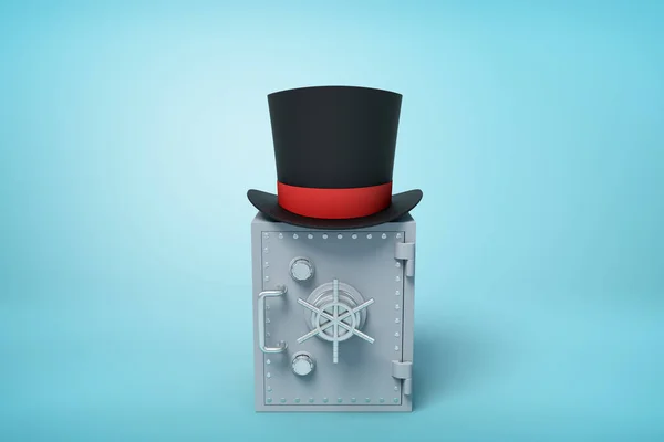 3d close-up rendering of closed grey metal safe with black top hat on top on light-blue background with copy space.