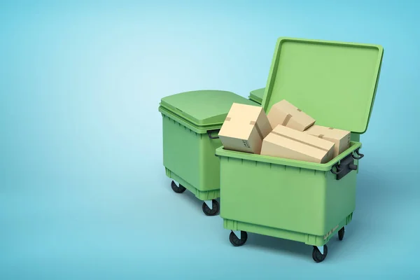 Prostorové vykreslování zelených odpadových přihrádek s lepenkovou krabicí uvnitř modrého pozadí — Stock fotografie
