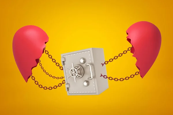 3d rendering of metal bank safe chained between two broken red heart pieces on yellow background