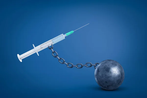 3D representación de jeringa médica encadenada a bola de metal negro sobre fondo azul —  Fotos de Stock