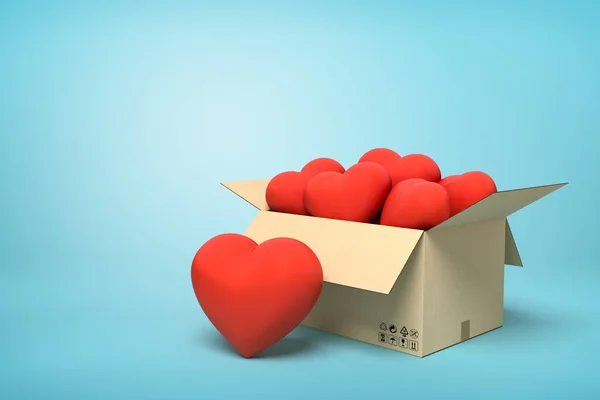 3d representación de caja de cartón llena de lindos corazones rojos sobre fondo azul . — Foto de Stock