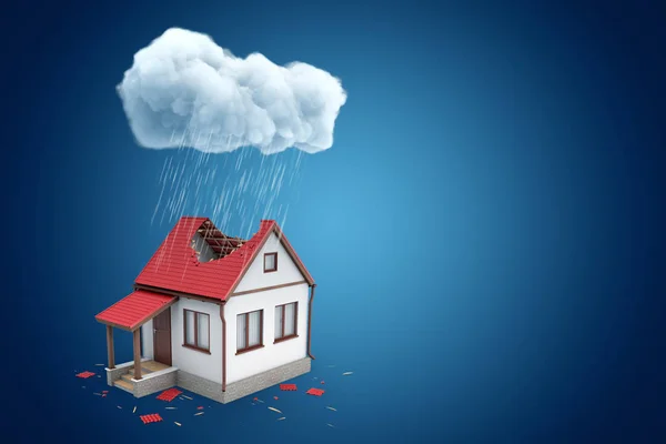 3D-s renderelés kis családi ház nagy lyuk a tető alatt állva esős felhő, a kék háttér másolási tér. — Stock Fotó