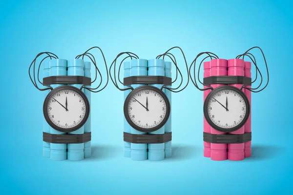 3d rendering of two blue and one pink dynamite time bombs on blue background