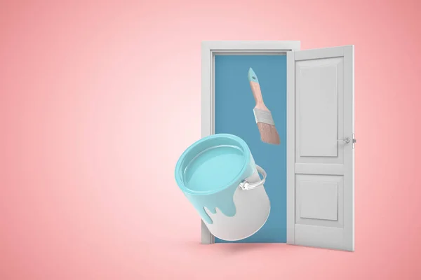 3d rendering of open white door on gradient pink background and can of blue paint with paintbrush flying from doorway. — Stock Photo, Image