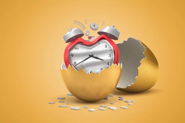 3d representación de primer plano de reloj despertador rojo roto y doblado que acaba de salir del huevo de oro . —  Fotos de Stock