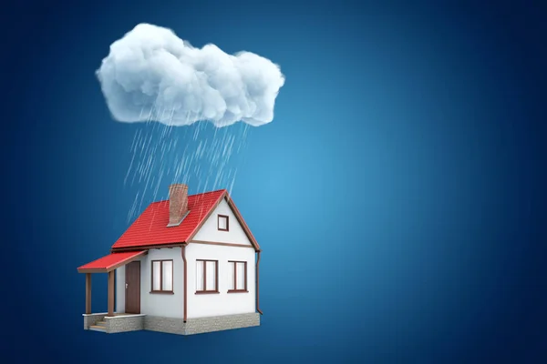 Prostorové vykreslování malého domku stojícího pod deštivého mraku, na modrém pozadí s prostorem pro kopírování. — Stock fotografie