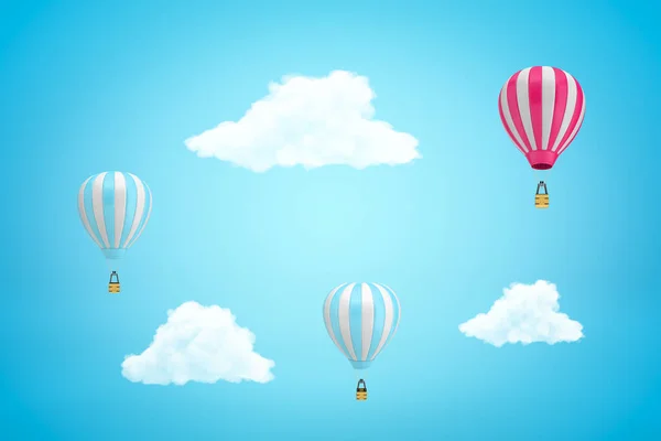 Representación 3d de tres globos aerostáticos a rayas y tres nubes blancas en el cielo azul claro . — Foto de Stock