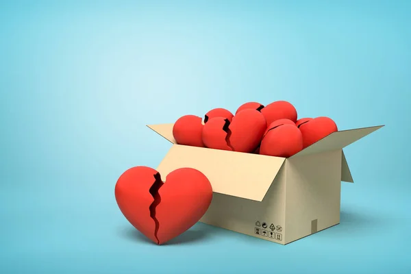 3d representación de caja de cartón llena de corazones rotos rojos sobre fondo azul . — Foto de Stock