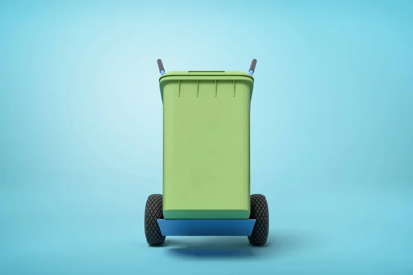 Prostorové vykreslování zeleného odpadkového koše na modrém ručním vozíku, který stojí na poloviční obrátě na světle modrém pozadí s prostorem pro kopírování. — Stock fotografie