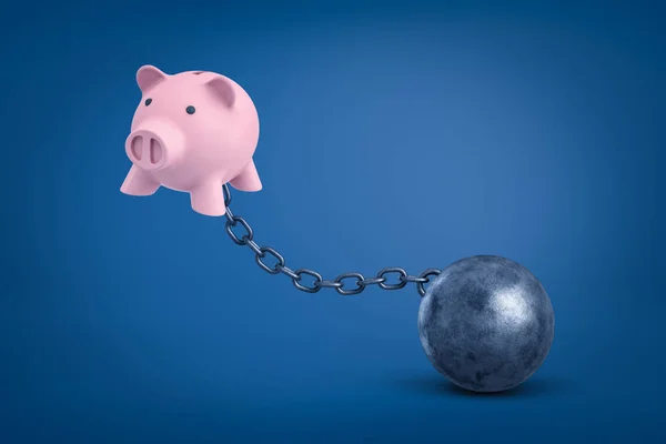 3D-rendering van Pink Piggy Bank geketend om metalen bal op blauwe achtergrond. — Stockfoto