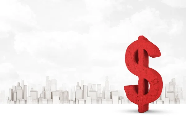 3D візуалізація знаку великого червоного долара на фоні хмарочосів білого міста — стокове фото