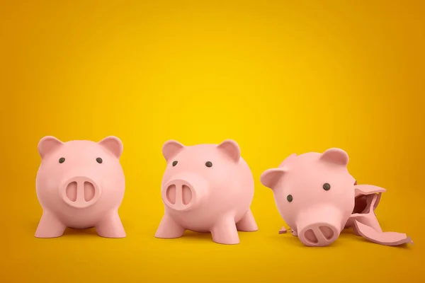 3d rendering of two ceramic piggy banks with one broken into pieces on yellow background — Stock Photo, Image