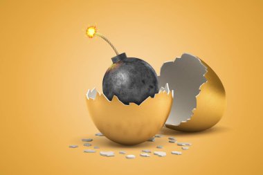 sadece altın yumurtadan dışarı yumurtadan yanan sigorta ile siyah yuvarlak bomba 3D render.