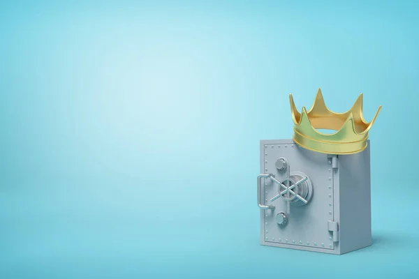 3d front close-up rendering of closed grey metal safe with golden crown on top on light-blue background. — Stock Photo, Image