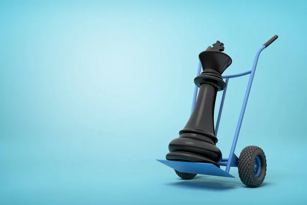 3d renderización de primer plano de rey de ajedrez negro en camión de mano azul sobre fondo azul claro . —  Fotos de Stock