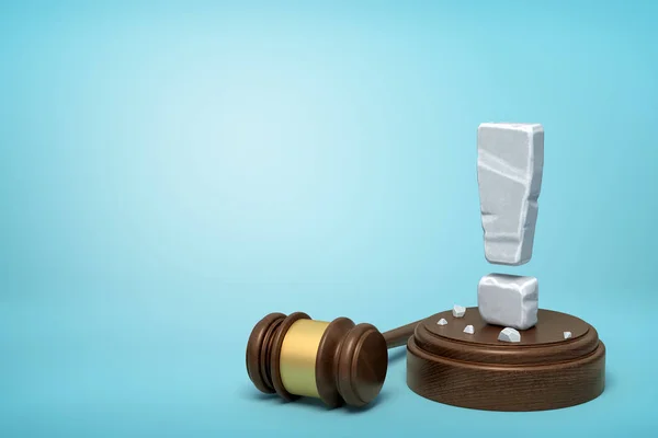 3d rendering of stone exclamation mark standing on sounding block with gavel beside on light-blue background with copy space.