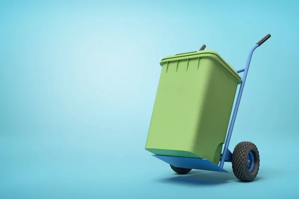 3d representación de bote de basura verde en camión de mano azul que está de pie en media vuelta sobre fondo azul claro con espacio de copia . — Foto de Stock