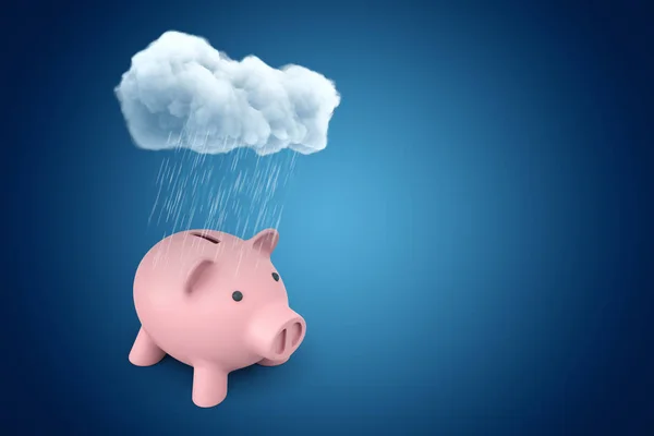 蓝色背景上粉红色小猪银行上方的白色雨云的 3d 渲染 — 图库照片