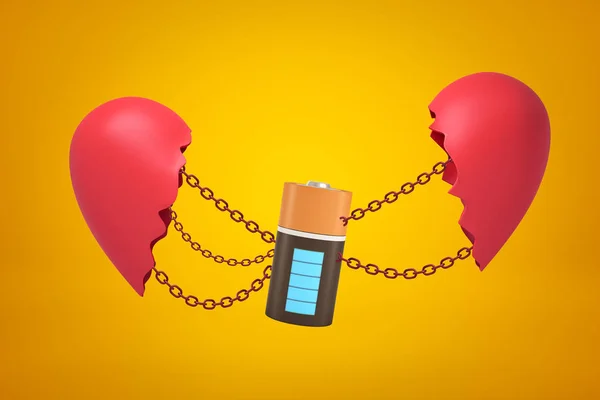 3d closeup renderização de bateria elétrica suspensa em correntes entre duas partes do coração quebrado no fundo âmbar . — Fotografia de Stock