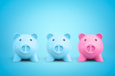 Mavi arka plan üzerinde iki mavi ve bir pembe piggy bankalar 3d render