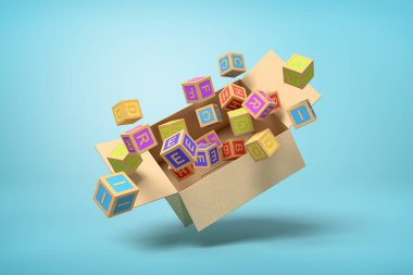 Açık mavi arka planda havada Abc blokları dolu karton kutu 3d render.