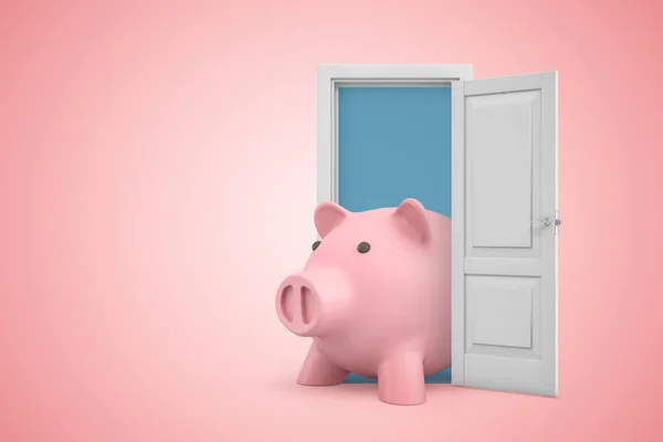 3D-rendering van open deur op gradiënt roze achtergrond en grote roze Piggy Bank staande in deuropening. — Stockfoto