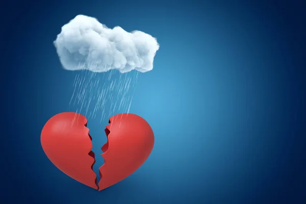 3d rendering of white rainy cloud above red broken heart on blue background — Stock Photo, Image