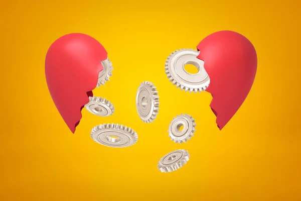 3d representación de ruedas de engranaje de plata cayendo entre dos piezas de corazón roto rojo sobre fondo amarillo — Foto de Stock