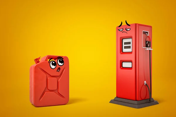 3d renderizado de lata de gasolina roja y estación de servicio roja con caras sonrientes de dibujos animados sobre fondo amarillo — Foto de Stock