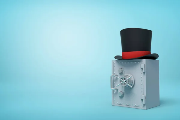 3D Close-up renderowania zamkniętych szary metal bezpieczny z czarnym Top Hat na górze na jasnoniebieskim tle z kopią przestrzeni. — Zdjęcie stockowe