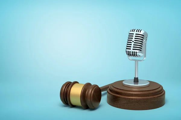 3D-Wiedergabe von Retro-Vintage-Mikrofon auf rundem Holzblock und braunem Holzgabel auf blauem Hintergrund — Stockfoto