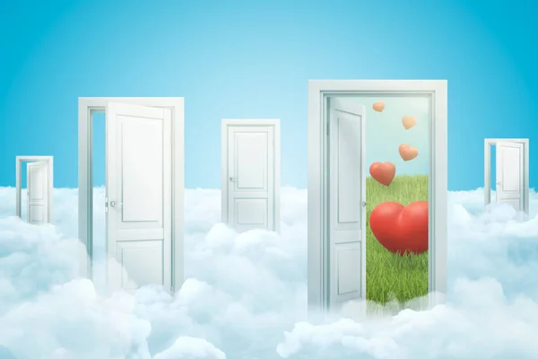3d representación de cinco puertas de pie sobre nubes esponjosas, una puerta que conduce al césped verde con lindos corazones rojos que caen del cielo . — Foto de Stock