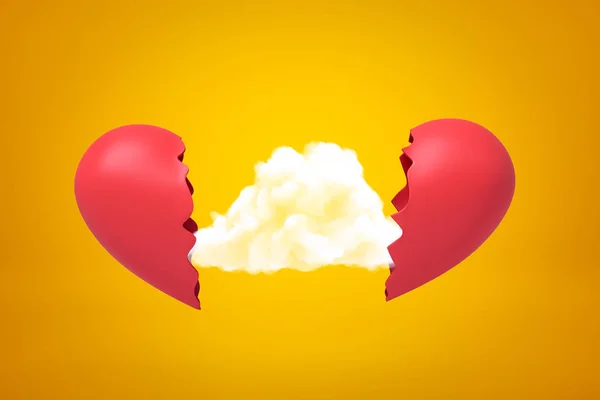 Rendering 3d di nube bianca tra due pezzi di cuore rosso spezzato su sfondo giallo — Foto Stock