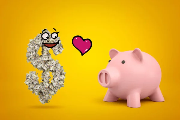 3d рендеринг долларовый символ, состоящий из многих долларовых банкнот и с смешным мультяшным лицом, и милый розовый копилка с маленьким красным мультяшным сердцем в воздухе между ними . — стоковое фото