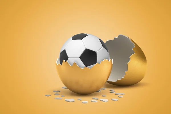 3d renderização de futebol que acabou de eclodir a partir de ovo dourado . — Fotografia de Stock