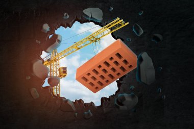 Kırmızı delikli tuğla taşıyan kaldırma vinç 3d render ve mavi gökyüzü ile siyah duvarda delik kırma.
